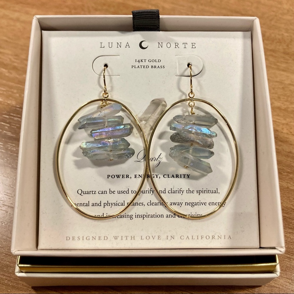NEW 3/30 Pair of 14 Karat Gold Brass Quartz Hoop Earrings by Luna Norte